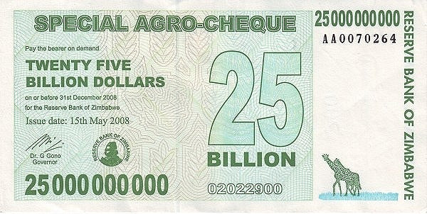 Zimbabwe 25 Billion Argo Cheque, 2008, Circulated