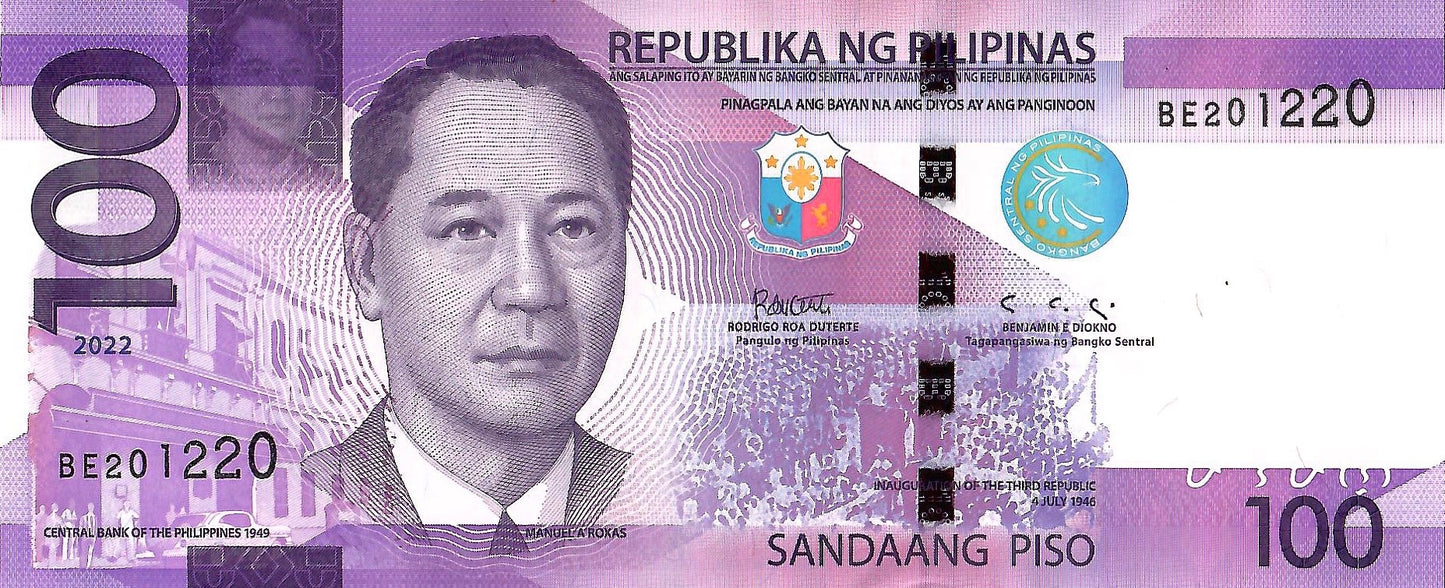 Philippines 100 Piso P 222,2022, UNC ( Without Horizontal Bars)