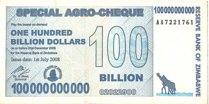 Zimbabwe 100 Billion Argo Cheque, 2008, UNC