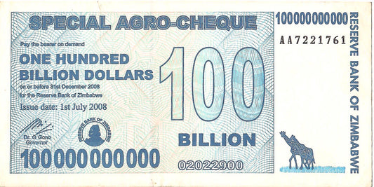 Zimbabwe 100 Billion Argo Cheque, 2008, UNC