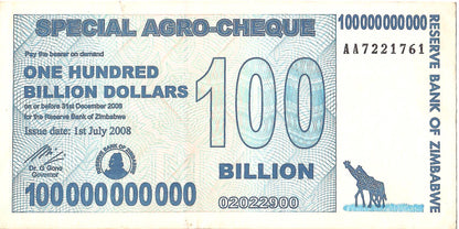 Zimbabwe 100 Billion Argo Cheque, 2008, Circulated