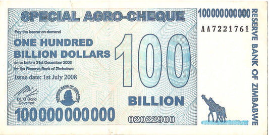 Zimbabwe 100 Billion Argo Cheque, 2008, Circulated
