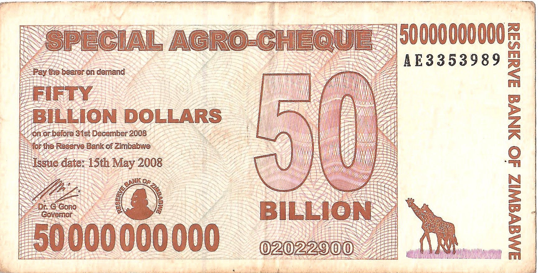 Zimbabwe 50 Billion Argo Cheque, 2008, Circulated