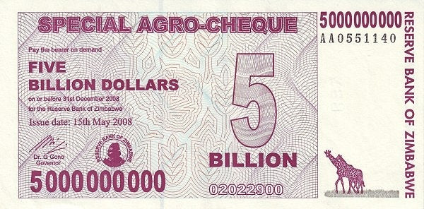 Zimbabwe 5 Billion Argo Cheque, 2008, Circulated